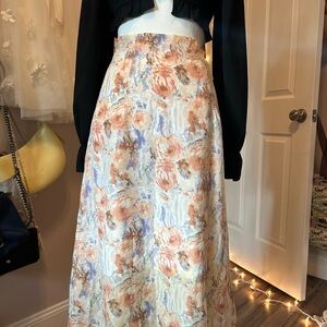 Cream Floral Maxi Skirt with Peach & Blue Accents